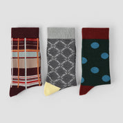 Women's Designer Retro Geometric Plaid & Polka Dot Crew Socks (3-Pack)