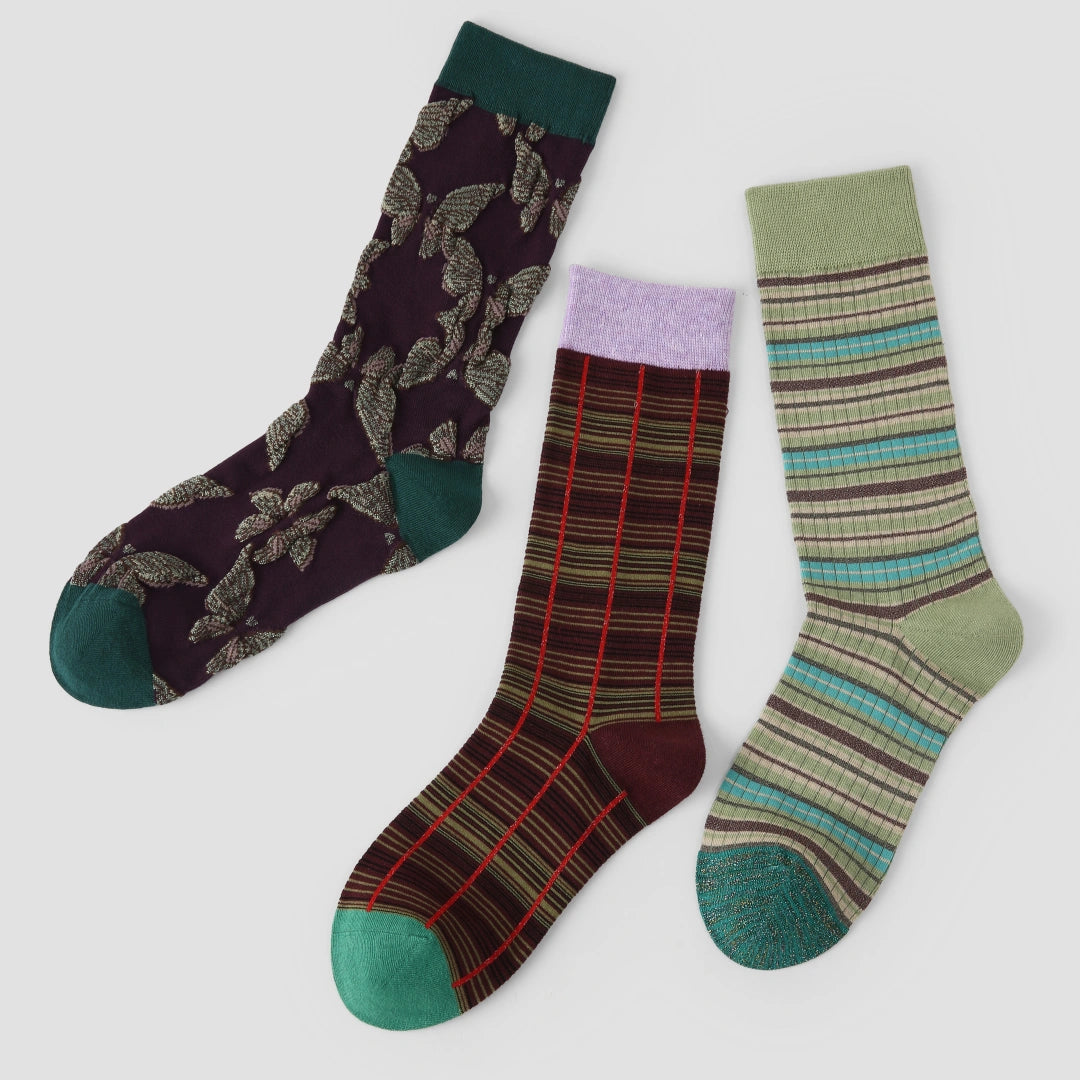 Women's Designer 3D Butterfly & Shimmer Grid Crew Socks (3-Pack)