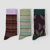 Women's Designer 3D Butterfly & Shimmer Grid Crew Socks (3-Pack)