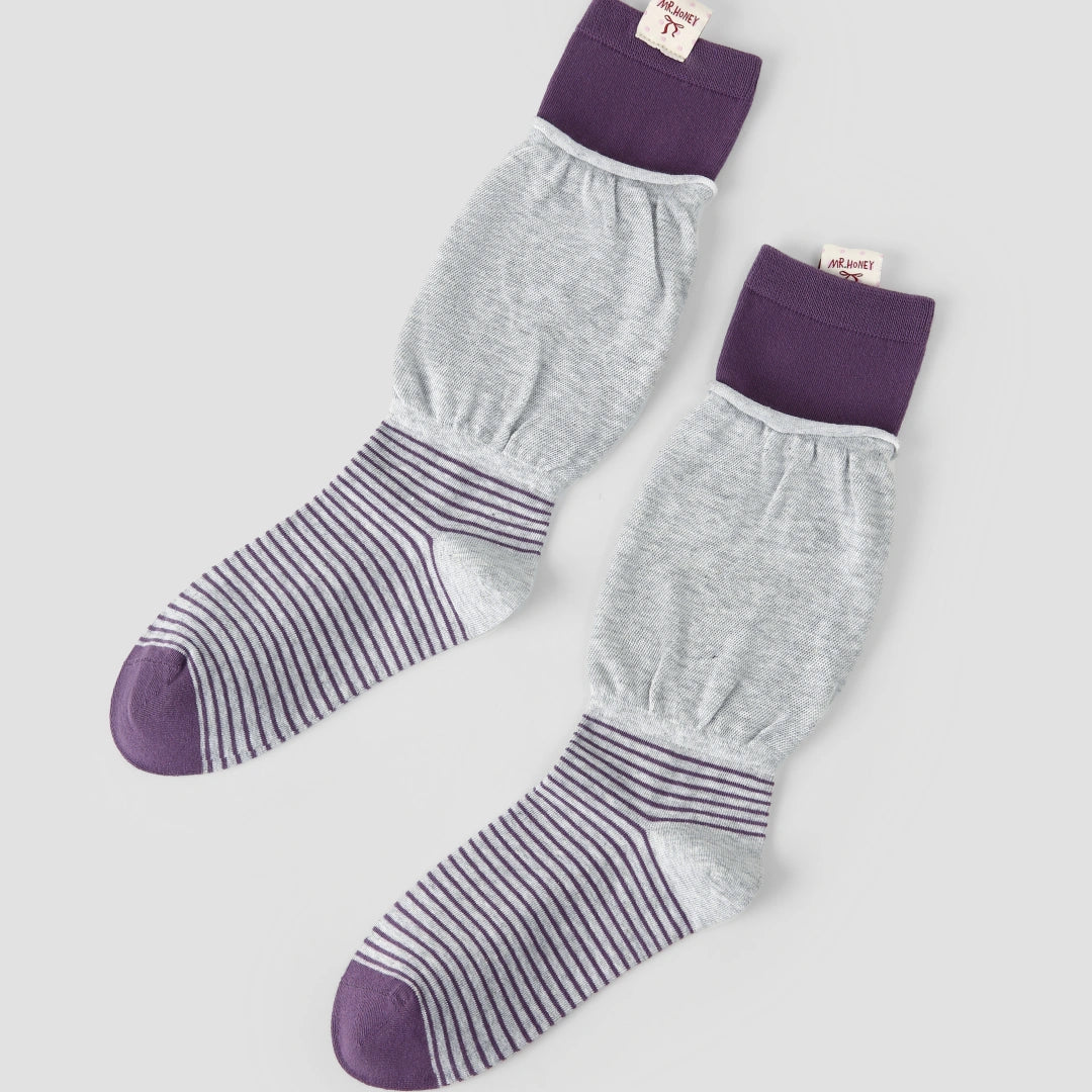 Women's Designer Heather Grey & Plum Purple Striped Non-Binding Slouch Crew Socks