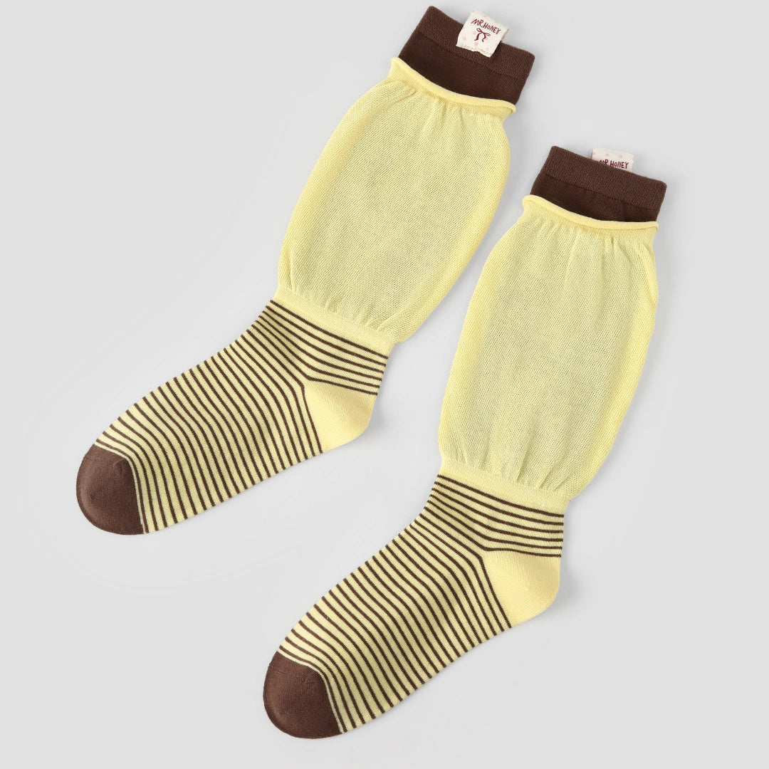 Women's Designer Butter Yellow & Mocha Striped Non-Binding Slouch Crew Socks