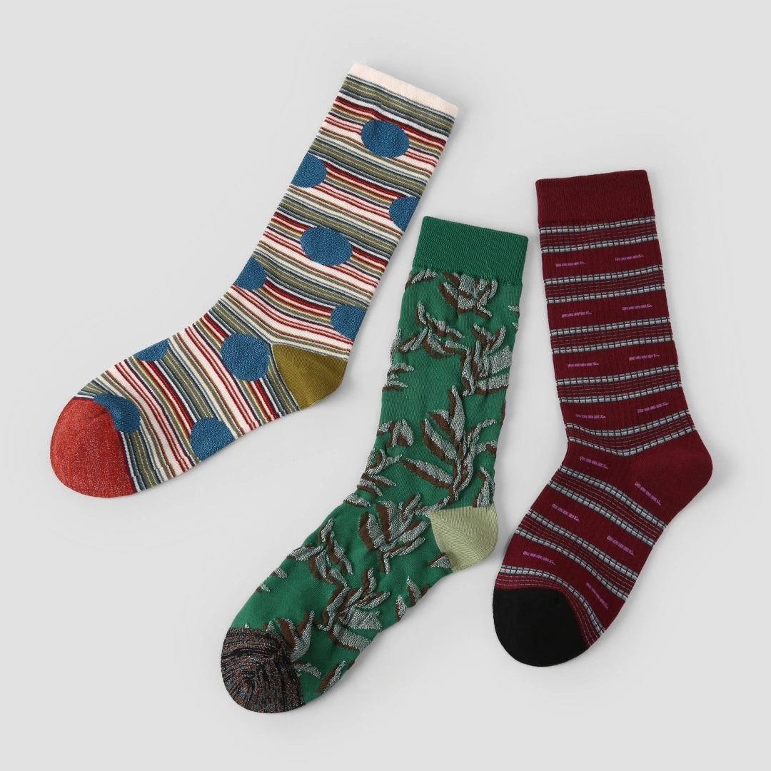 Women's Designer 3D Botanical Leaf & Shimmer Stripe Crew Socks (3-Pack)