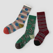 Women's Designer 3D Botanical Leaf & Shimmer Stripe Crew Socks (3-Pack)
