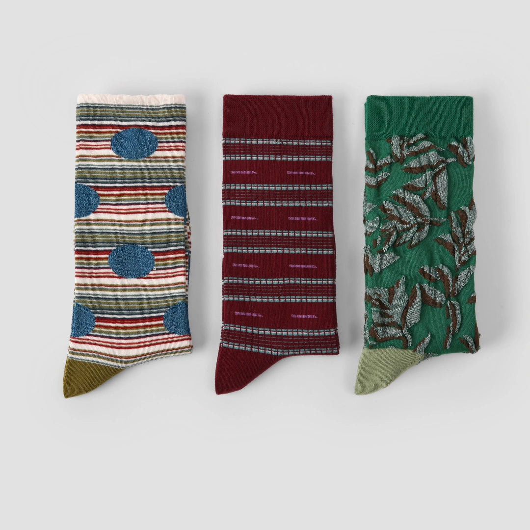 Women's Designer 3D Botanical Leaf & Shimmer Stripe Crew Socks (3-Pack)