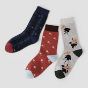 Women's Designer Retro Floral & Shimmer Plaid Crew Socks (3-Pack)