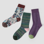 Women's Designer Shimmer Plaid & 3D Tufted Floral Crew Socks (3-Pack)