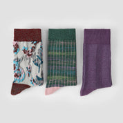 Women's Designer Shimmer Plaid & 3D Tufted Floral Crew Socks (3-Pack)
