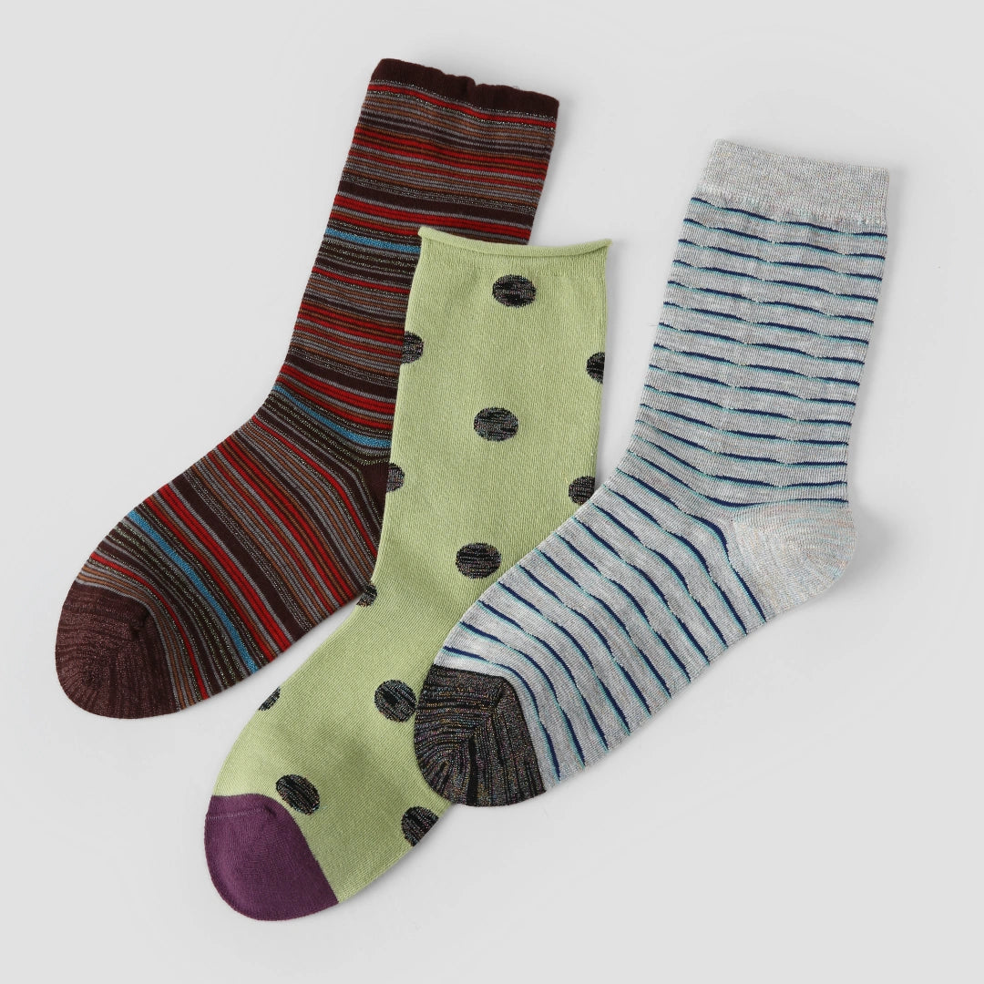 Women's Designer Shimmer Stripe & Metallic Polka Dot Crew Socks (3-Pack)