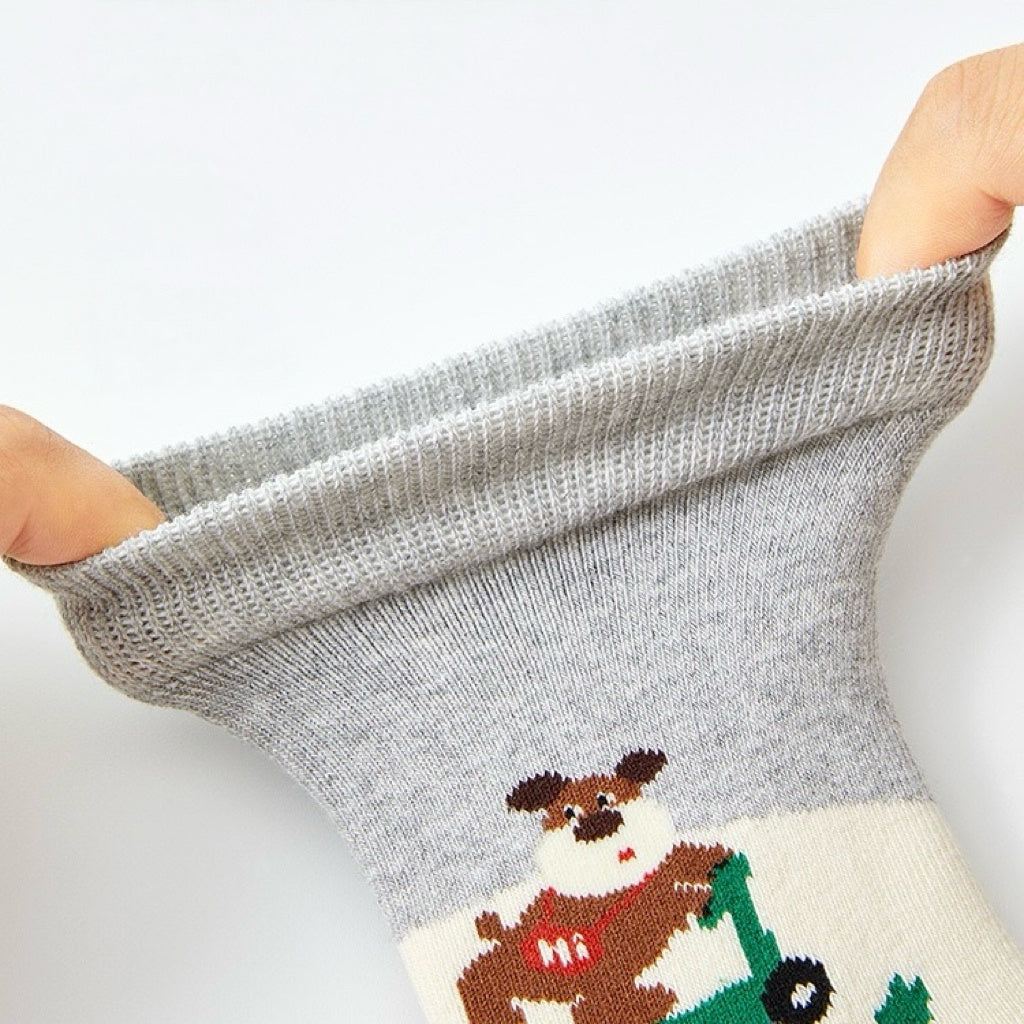 Kids' Fully Cushioned Terry Retro Sporty Puppy & Stripe Warm Crew Socks (5-Pack)