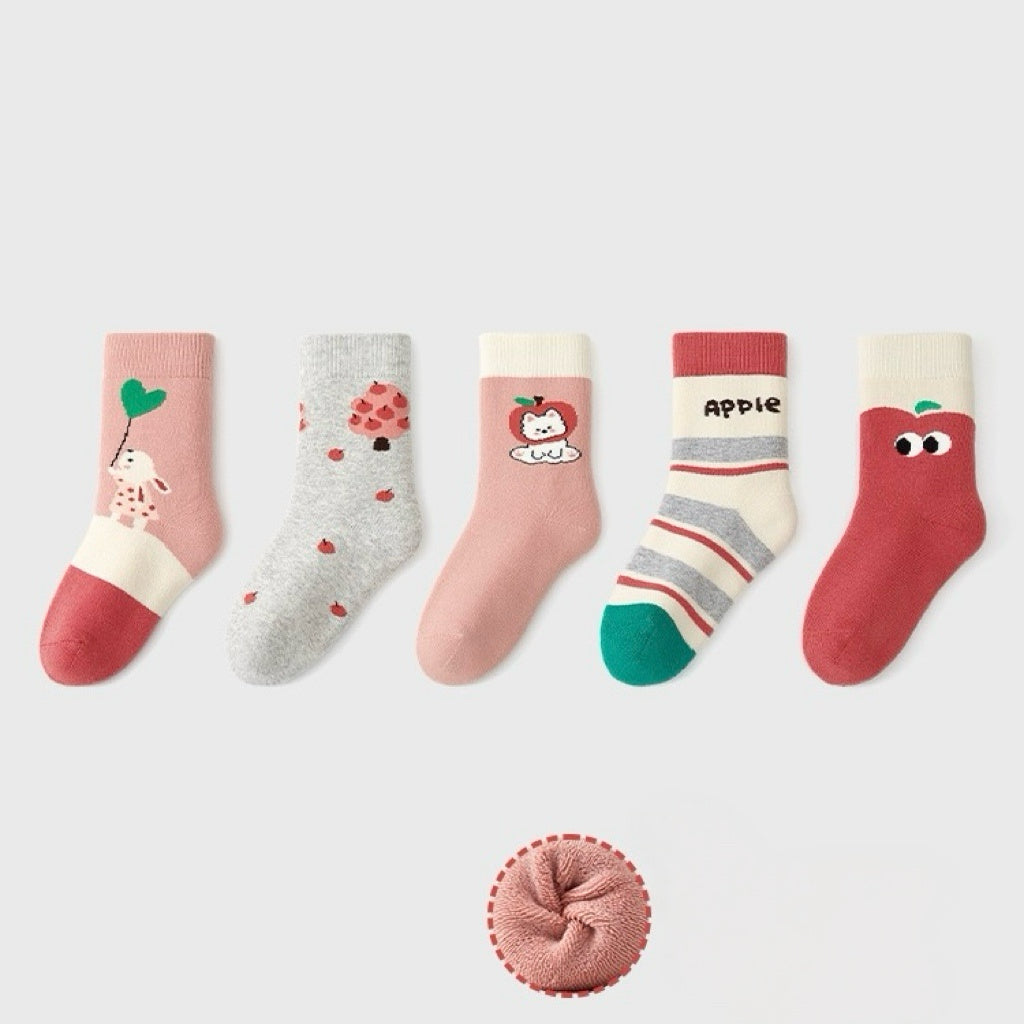 Kids' Fully Cushioned Terry Inner Cute Apple & Bunny Warm Crew Socks (5-Pack)
