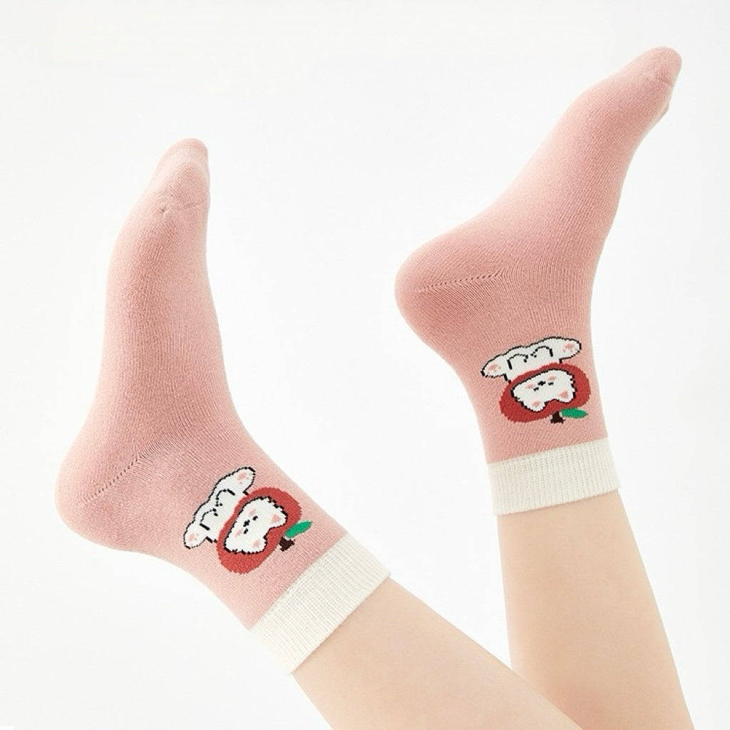 Kids' Fully Cushioned Terry Inner Cute Apple & Bunny Warm Crew Socks (5-Pack)