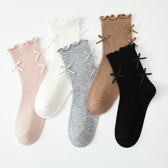 Girls' Combed Cotton Blend Ribbon Bow Ruffle Crew Socks (3-Pack)