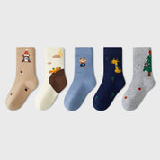 Kids' Combed Cotton Blend Cute Animal Crew Socks (5-Pack)
