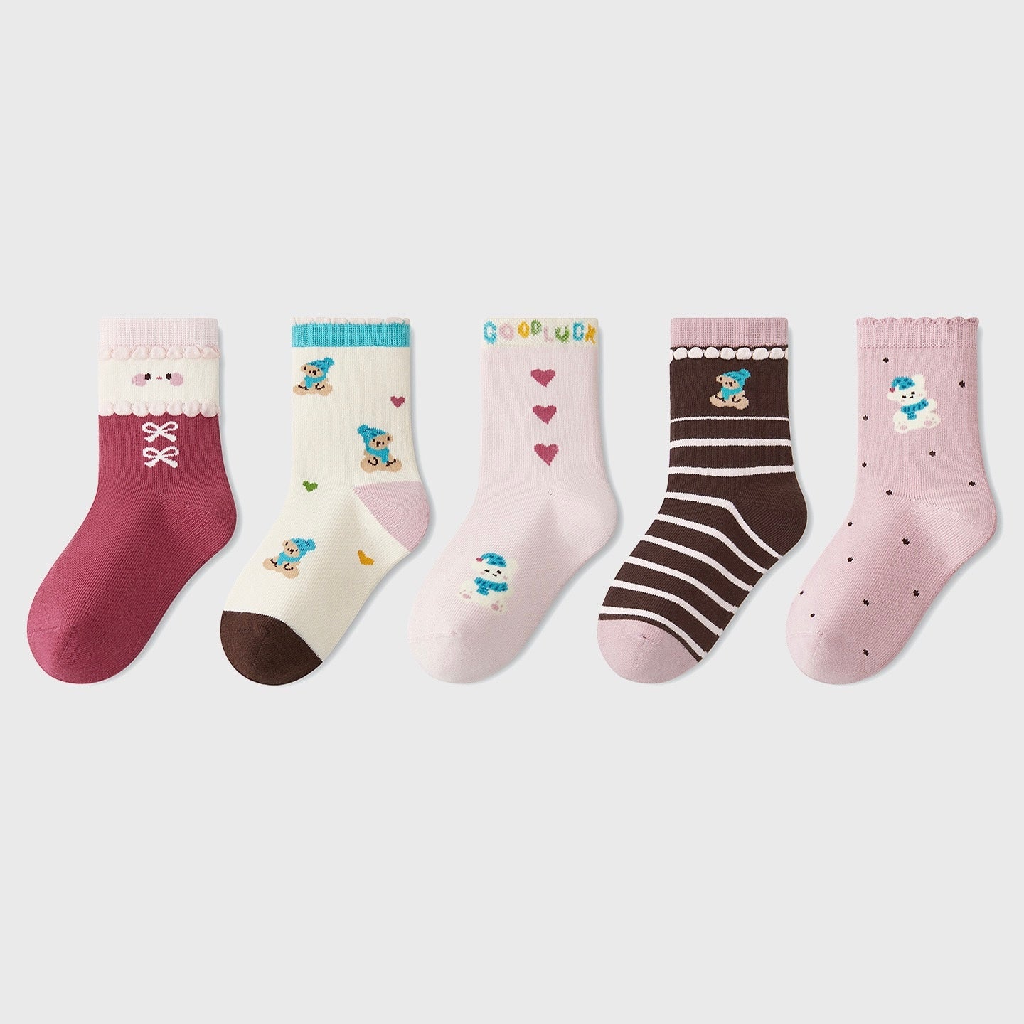 Girls' Combed Cotton Blend Cute Bear, Hearts & Bows Crew Socks (5-Pack)