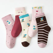 Girls' Combed Cotton Blend Cute Bear, Hearts & Bows Crew Socks (5-Pack)