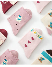 Girls' Combed Cotton Blend Cute Bear, Hearts & Bows Crew Socks (5-Pack)