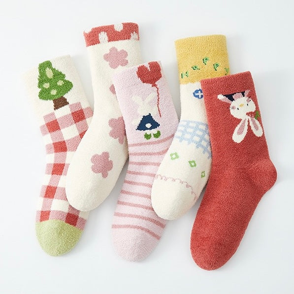 Kids' Ultra-Soft Fuzzy Fleece Fairytale Bunny Slipper & Sleeping Crew Socks (5-Pack)