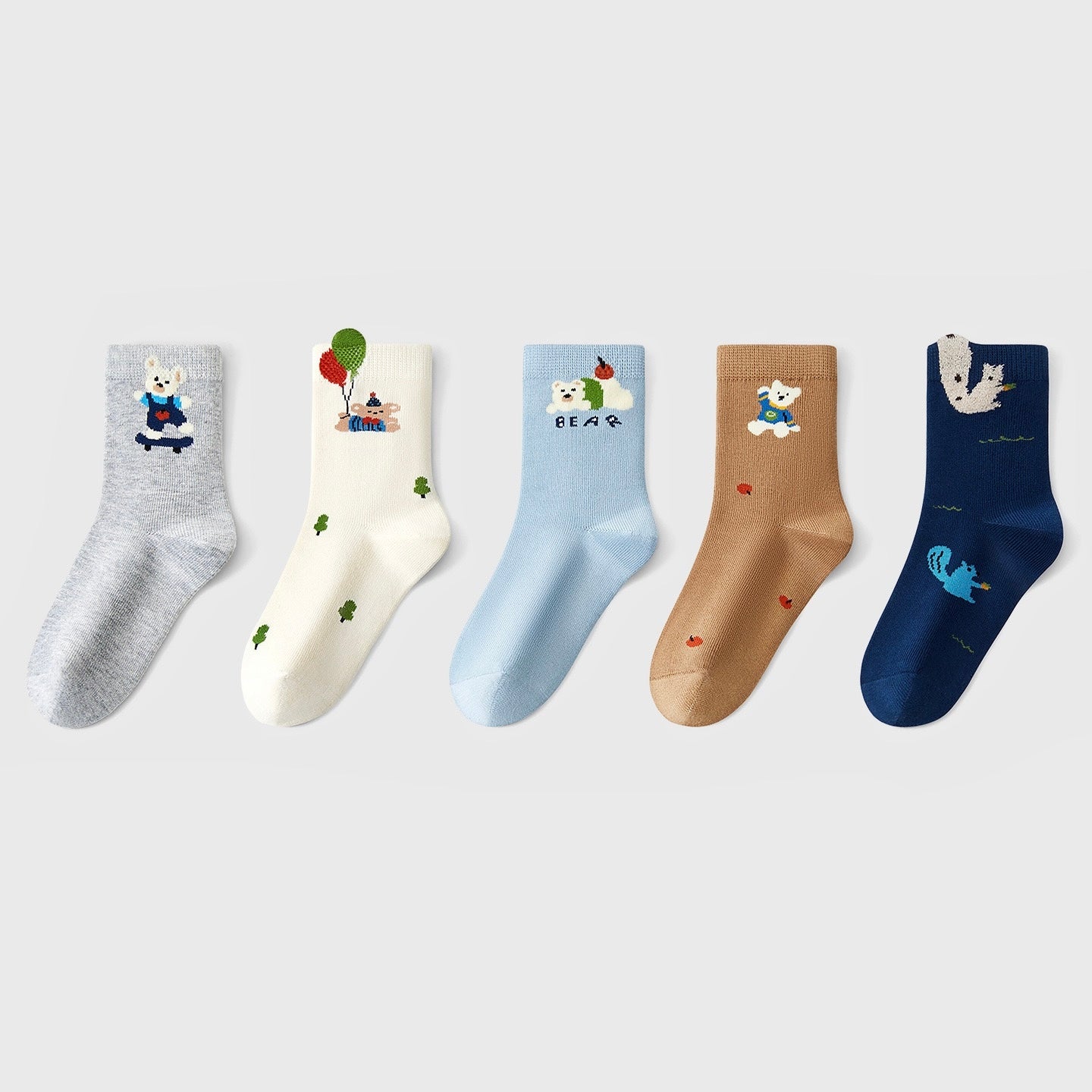 Kids' Combed Cotton Blend Cute Playful Bear Crew Socks (5-Pack)