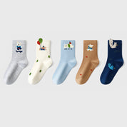 Kids' Combed Cotton Blend Cute Playful Bear Crew Socks (5-Pack)
