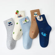 Kids' Combed Cotton Blend Cute Playful Bear Crew Socks (5-Pack)