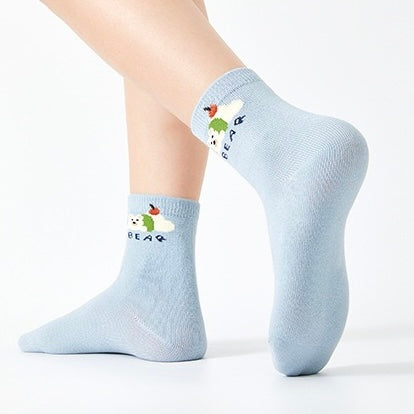 Kids' Combed Cotton Blend Cute Playful Bear Crew Socks (5-Pack)