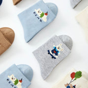 Kids' Combed Cotton Blend Cute Playful Bear Crew Socks (5-Pack)