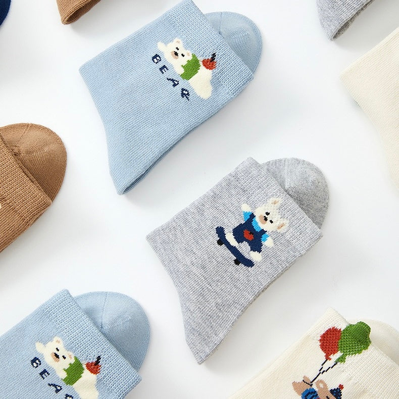 Kids' Combed Cotton Blend Cute Playful Bear Crew Socks (5-Pack)