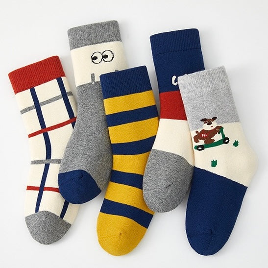 Kids' Fully Cushioned Terry Retro Sporty Puppy & Stripe Warm Crew Socks (5-Pack)