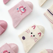 Girls' Combed Cotton Blend Cute Kitten & Bunny Crew Socks (5-Pack)