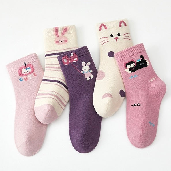 Girls' Combed Cotton Blend Cute Kitten & Bunny Crew Socks (5-Pack)