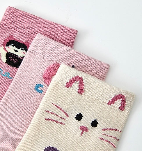 Girls' Combed Cotton Blend Cute Kitten & Bunny Crew Socks (5-Pack)