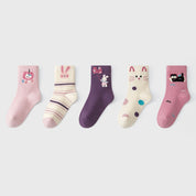 Girls' Combed Cotton Blend Cute Kitten & Bunny Crew Socks (5-Pack)