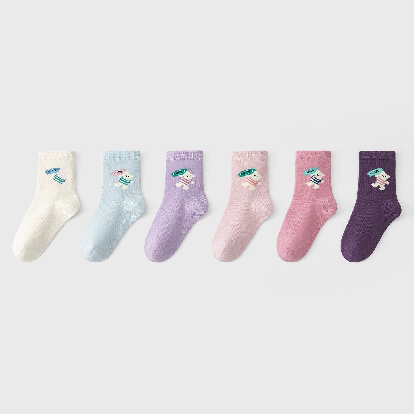 Kids' Combed Cotton Blend "Nice" Bear Crew Socks (6-Pack)