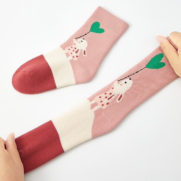 Kids' Fully Cushioned Terry Inner Cute Apple & Bunny Warm Crew Socks (5-Pack)
