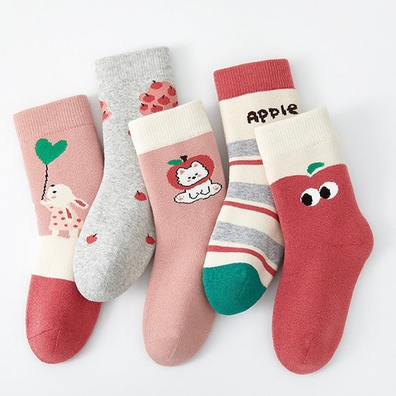 Kids' Fully Cushioned Terry Inner Cute Apple & Bunny Warm Crew Socks (5-Pack)