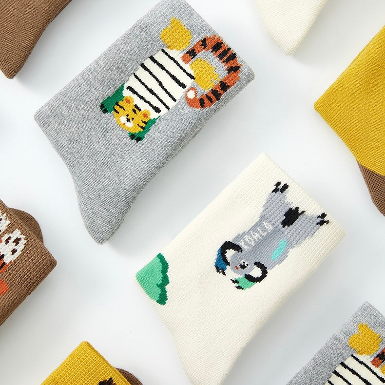 Kids' Fully Cushioned Terry Upside-Down Safari Animals Warm Crew Socks (5-Pack)