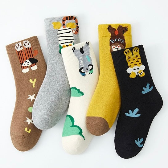 Kids' Fully Cushioned Terry Upside-Down Safari Animals Warm Crew Socks (5-Pack)