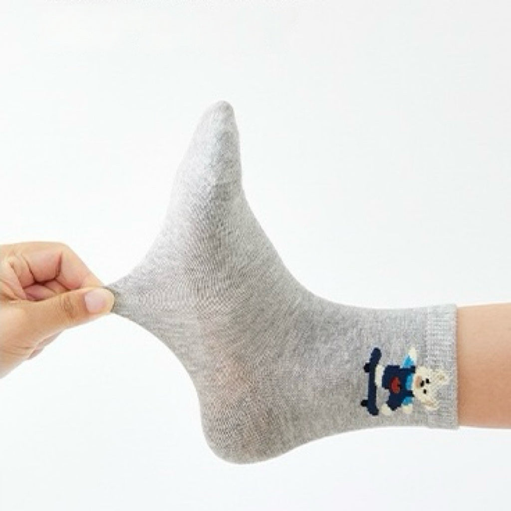 Kids' Combed Cotton Blend Cute Playful Bear Crew Socks (5-Pack)