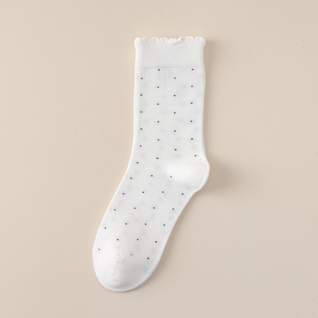 Women's 98% Premium Cotton Pin-Dot Scallop-Trim Crew Socks