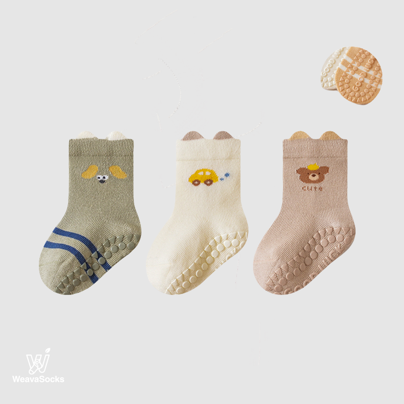 Babies' Non-Slip Ribbed Crew Socks-3 Pack