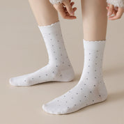 Women's 98% Premium Cotton Pin-Dot Scallop-Trim Crew Socks