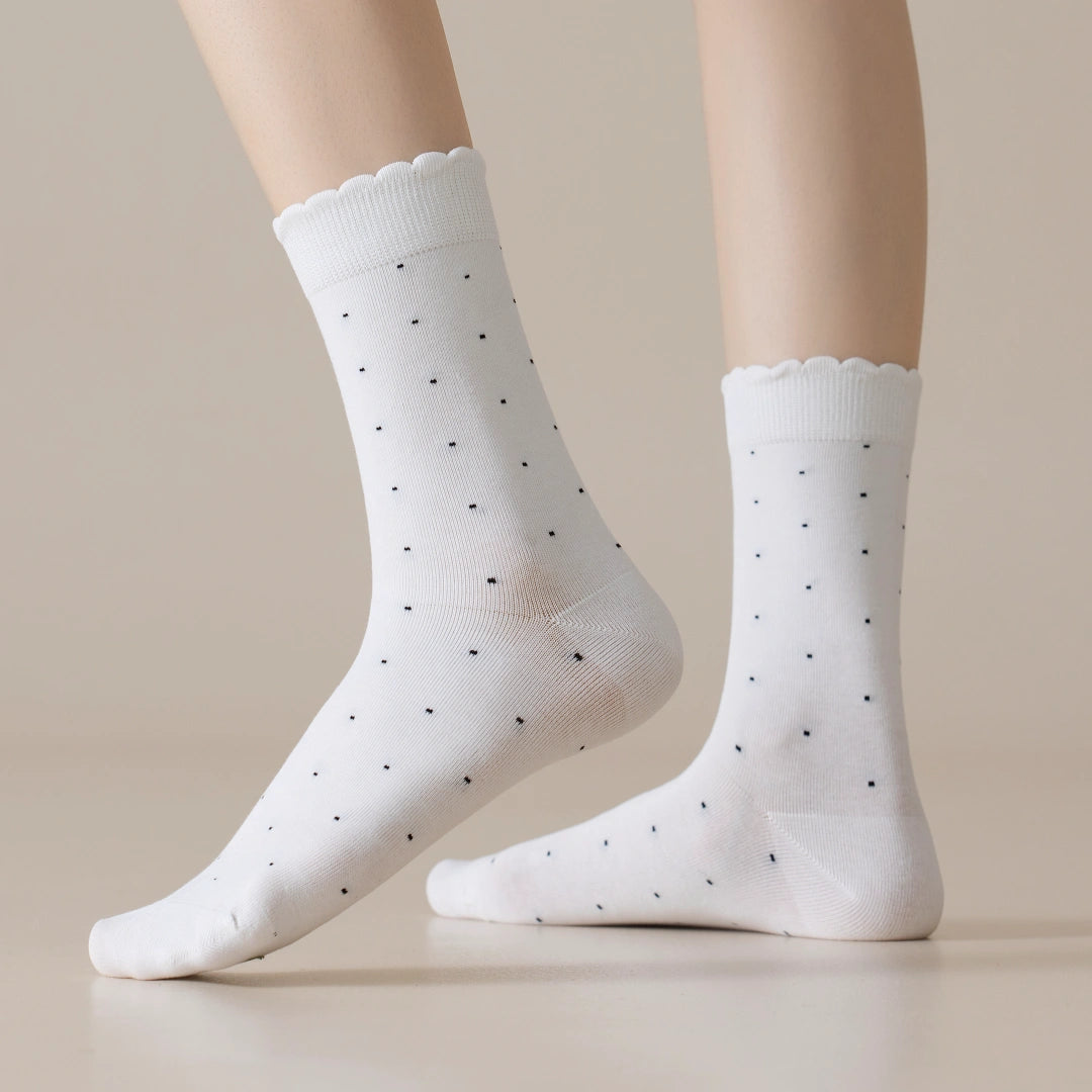 Women's 98% Premium Cotton Pin-Dot Scallop-Trim Crew Socks