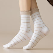 Women's 98% Premium Cotton Fine-Striped Scallop-Trim Crew Socks