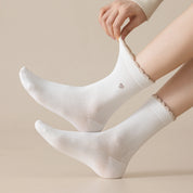 Women's 98% Premium Cotton Metallic Heart Charm Scallop-Trim Crew Socks