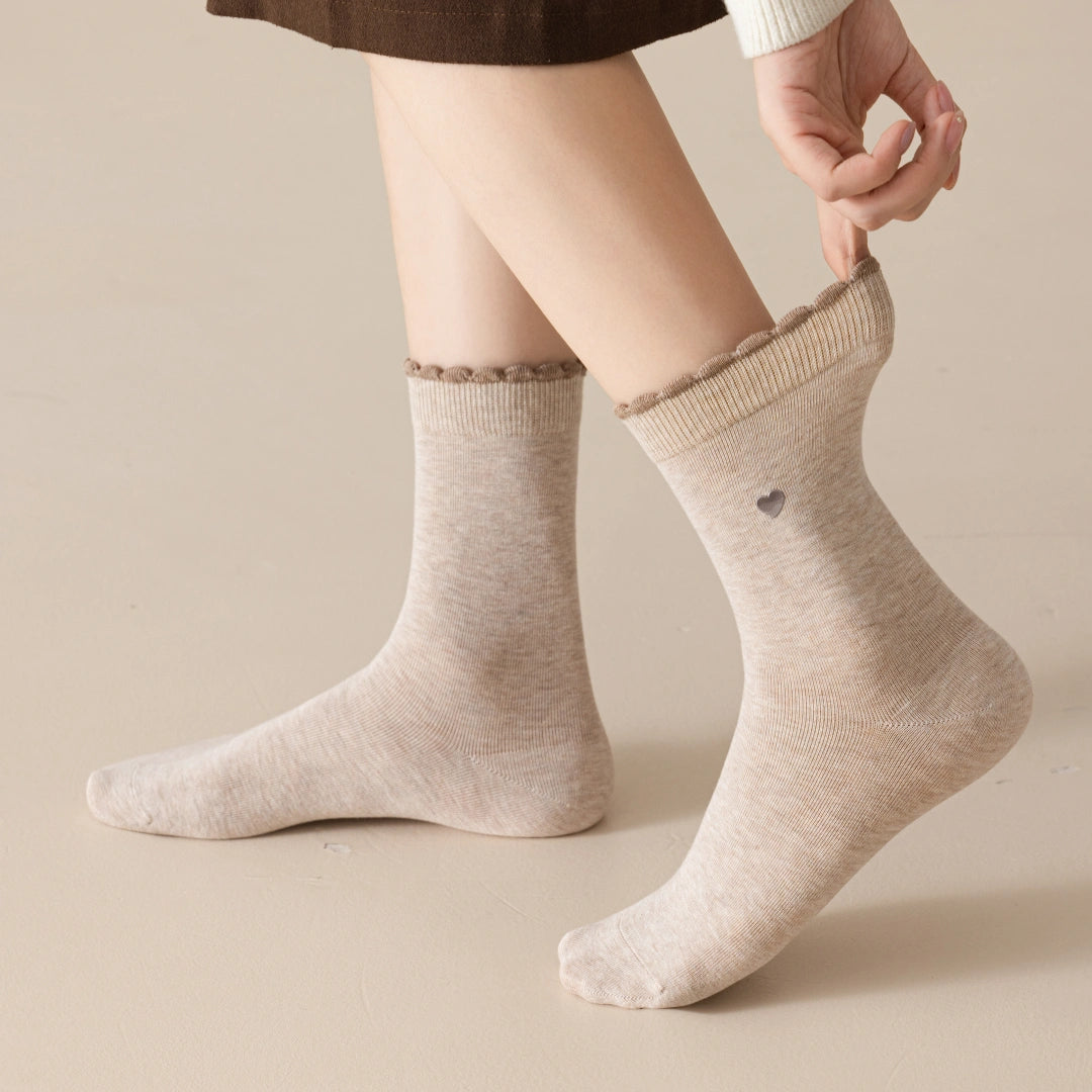 Women's 98% Premium Cotton Metallic Heart Charm Scallop-Trim Crew Socks
