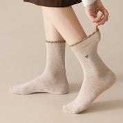 Women's 98% Premium Cotton Metallic Heart Charm Scallop-Trim Crew Socks
