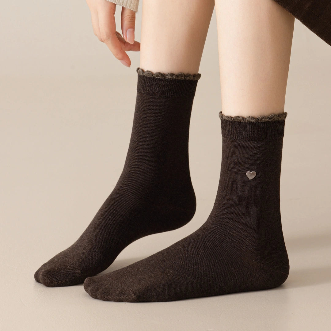 Women's 98% Premium Cotton Metallic Heart Charm Scallop-Trim Crew Socks
