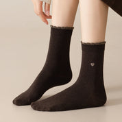 Women's 98% Premium Cotton Metallic Heart Charm Scallop-Trim Crew Socks