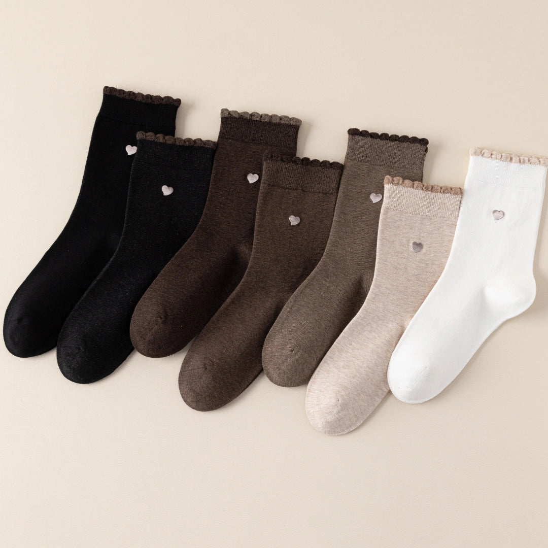 Women's 98% Premium Cotton Metallic Heart Charm Scallop-Trim Crew Socks
