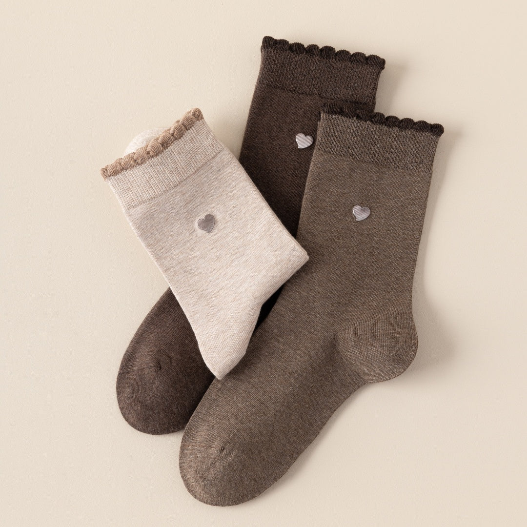 Women's 98% Premium Cotton Metallic Heart Charm Scallop-Trim Crew Socks